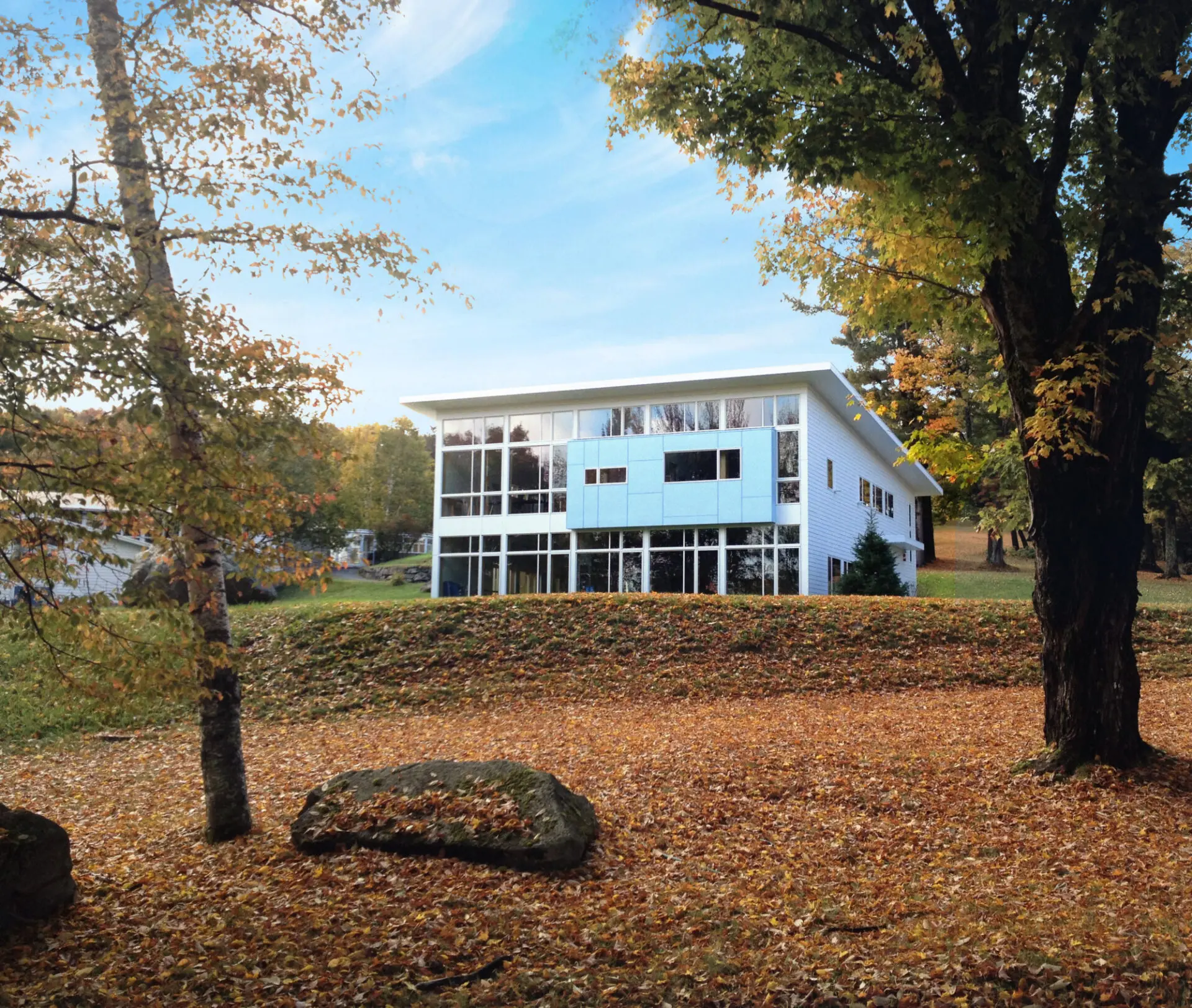 Exterior of modern school with large outdoor area
