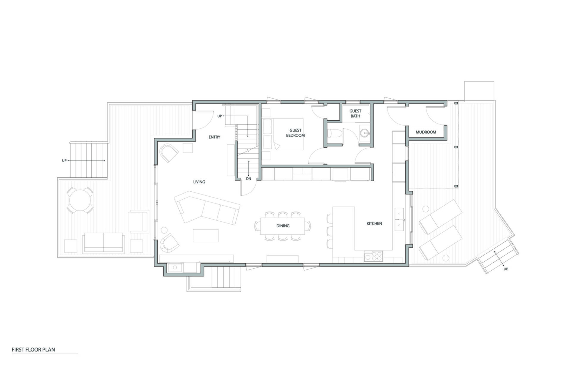 First floor plan of a house in Quincy, MA, designed by Ruhl Jahnes, showing the open living, dining, and kitchen areas, guest bedroom, guest bath, mudroom, foyer, and harbor-side deck.