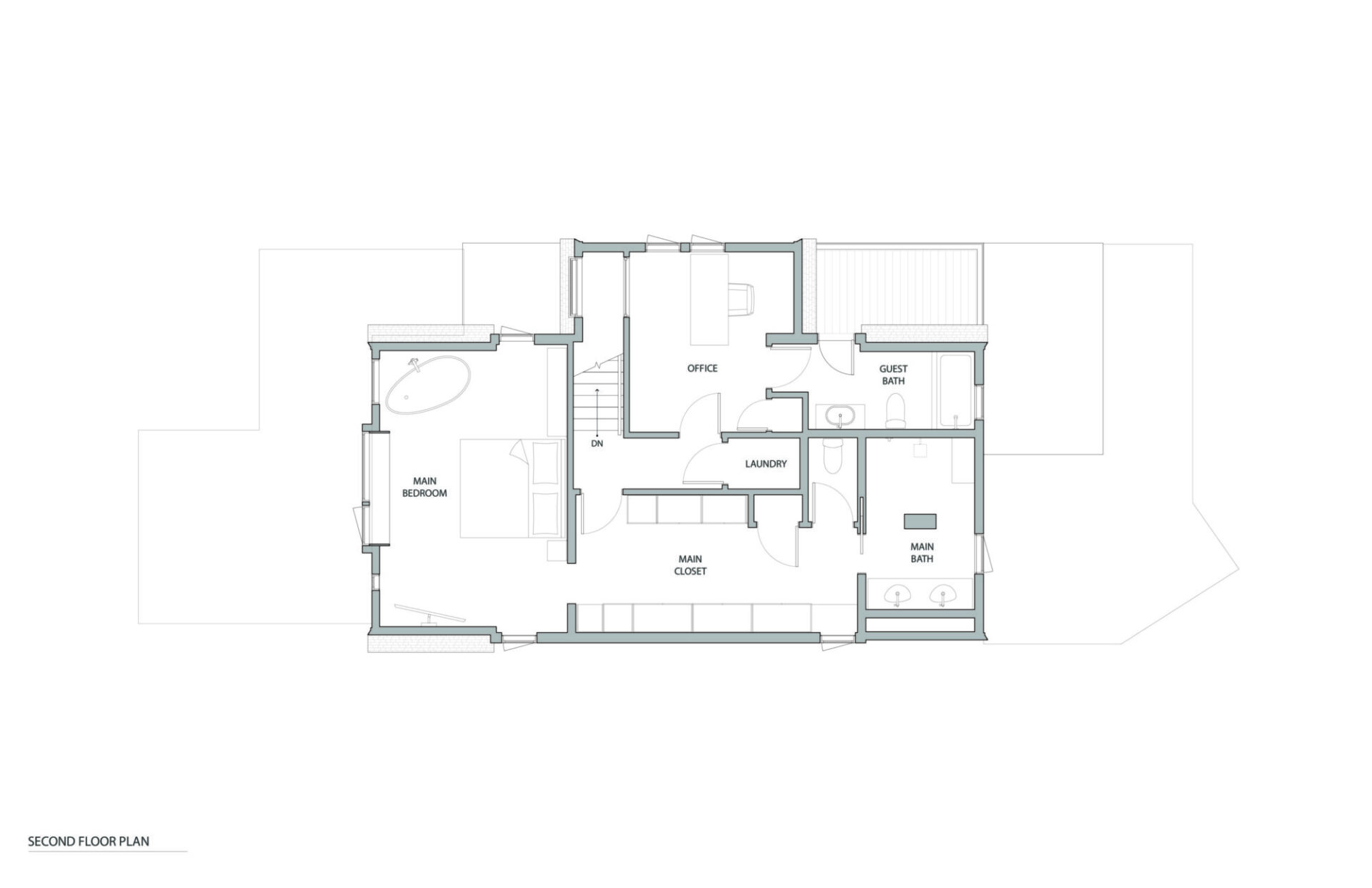 Second floor plan of a house in Quincy, MA, designed by Ruhl Jahnes, showing the primary bedroom, primary bath, dressing room, office, laundry, and additional bathroom.